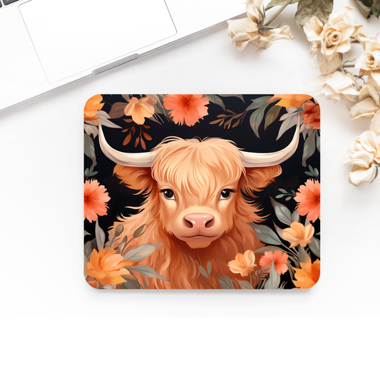 Premium Printed Anti-Slip Mouse Mat - Ultra Durable Bright Floral Highland Cow Design