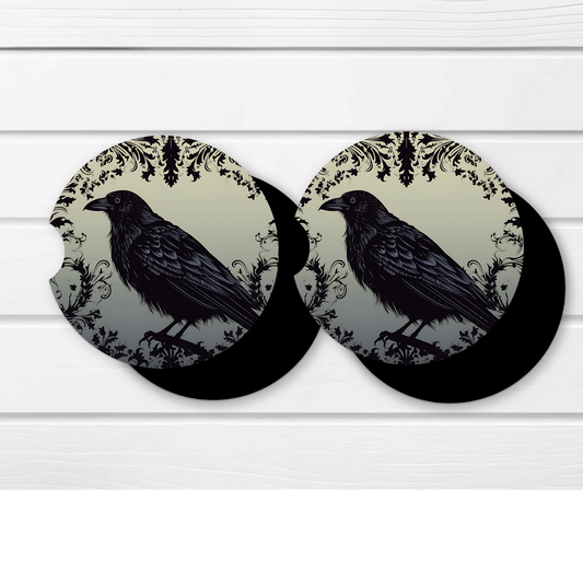 Premium Neoprene Car Coasters | Drink Holders for Your Car Console - Set of 2 Broody Raven Design