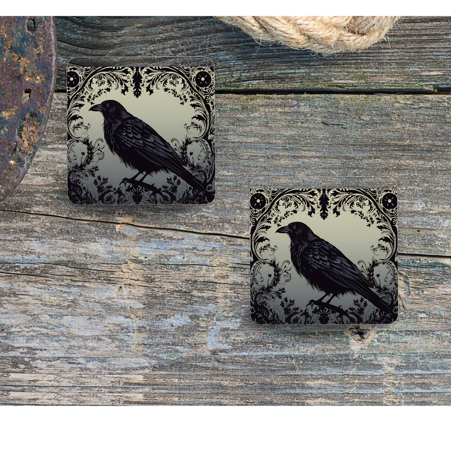 Beautifully Printed  Brooding Raven Wooden Coasters for Stylish Home Décor