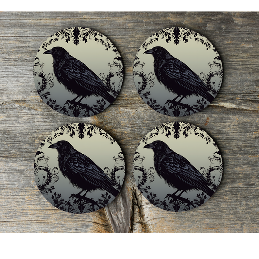 Brooding Raven Round Cork Backed Wooden Coasters - Eco-Friendly and Stylish Drink Mats