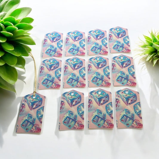 12 X Colourful Dice Gift Tags, Gift Wrapping, Luggage Tags, Card Making