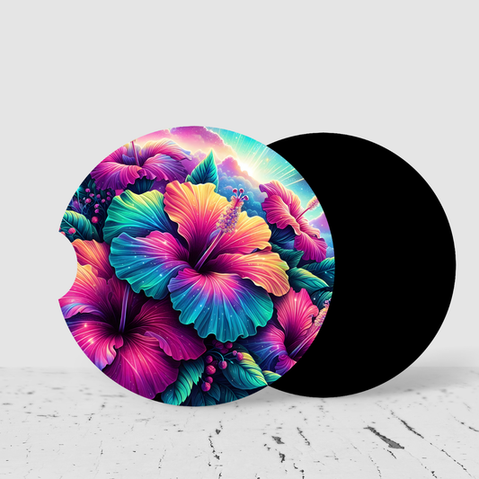 Premium Neoprene Neon Hibiscus  Car Coasters | Drink Holders for Your Car Console - Set of 2