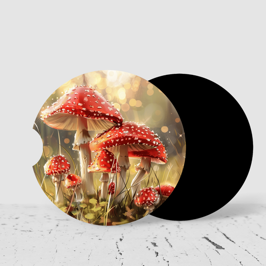 Premium Neoprene Red & White Mushrooms Car Coasters | Drink Holders for Your Car Console - Set of 2
