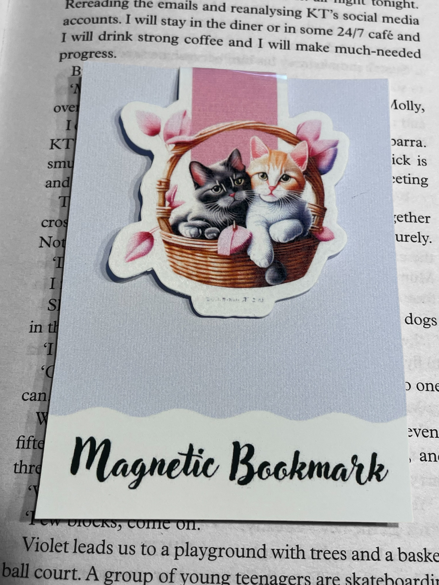 Lovely illustrated printed Cats In Basket Magnetic bookmark, Page Saver, Book Lover Gift