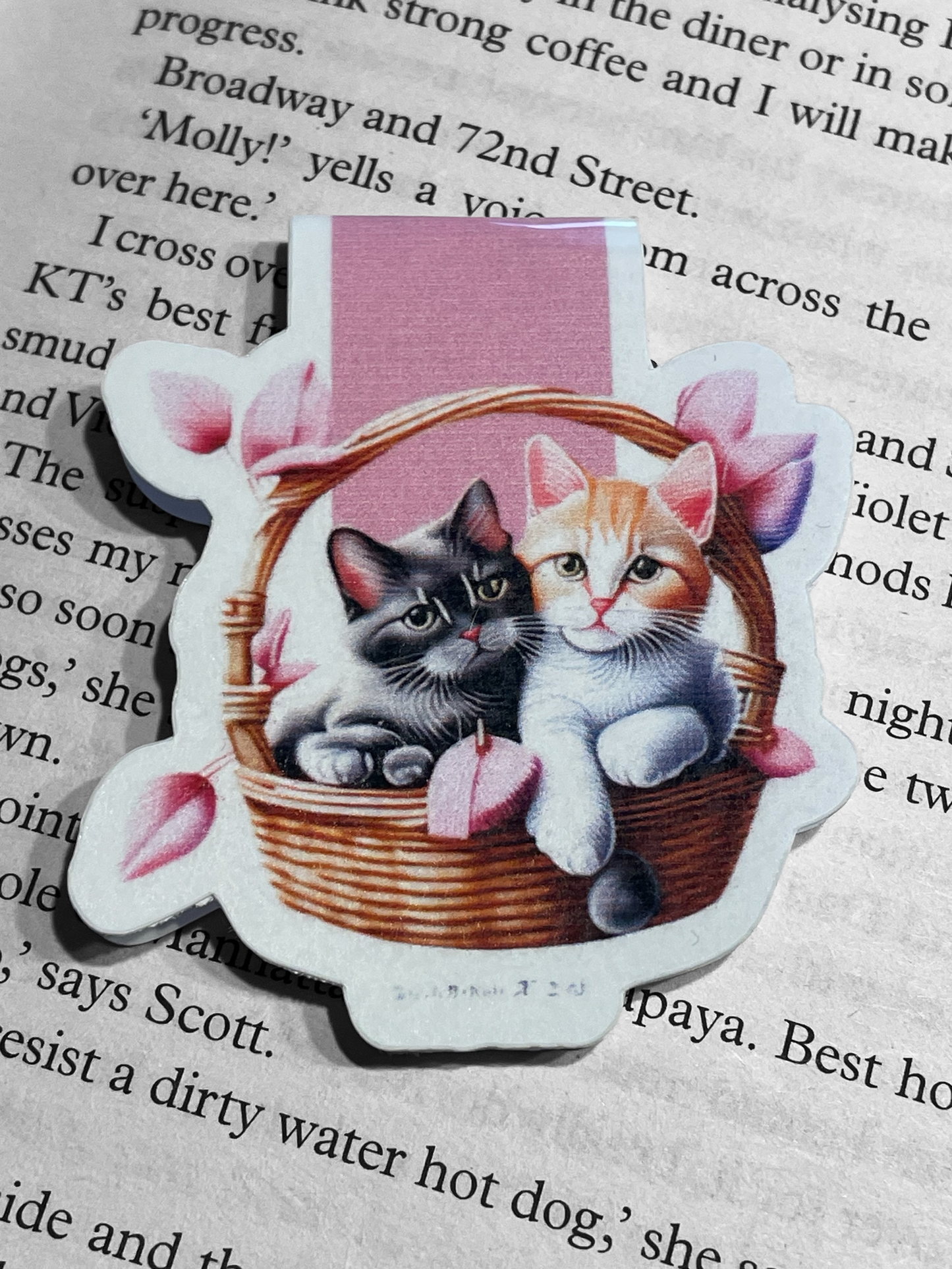 Lovely illustrated printed Cats In Basket Magnetic bookmark, Page Saver, Book Lover Gift