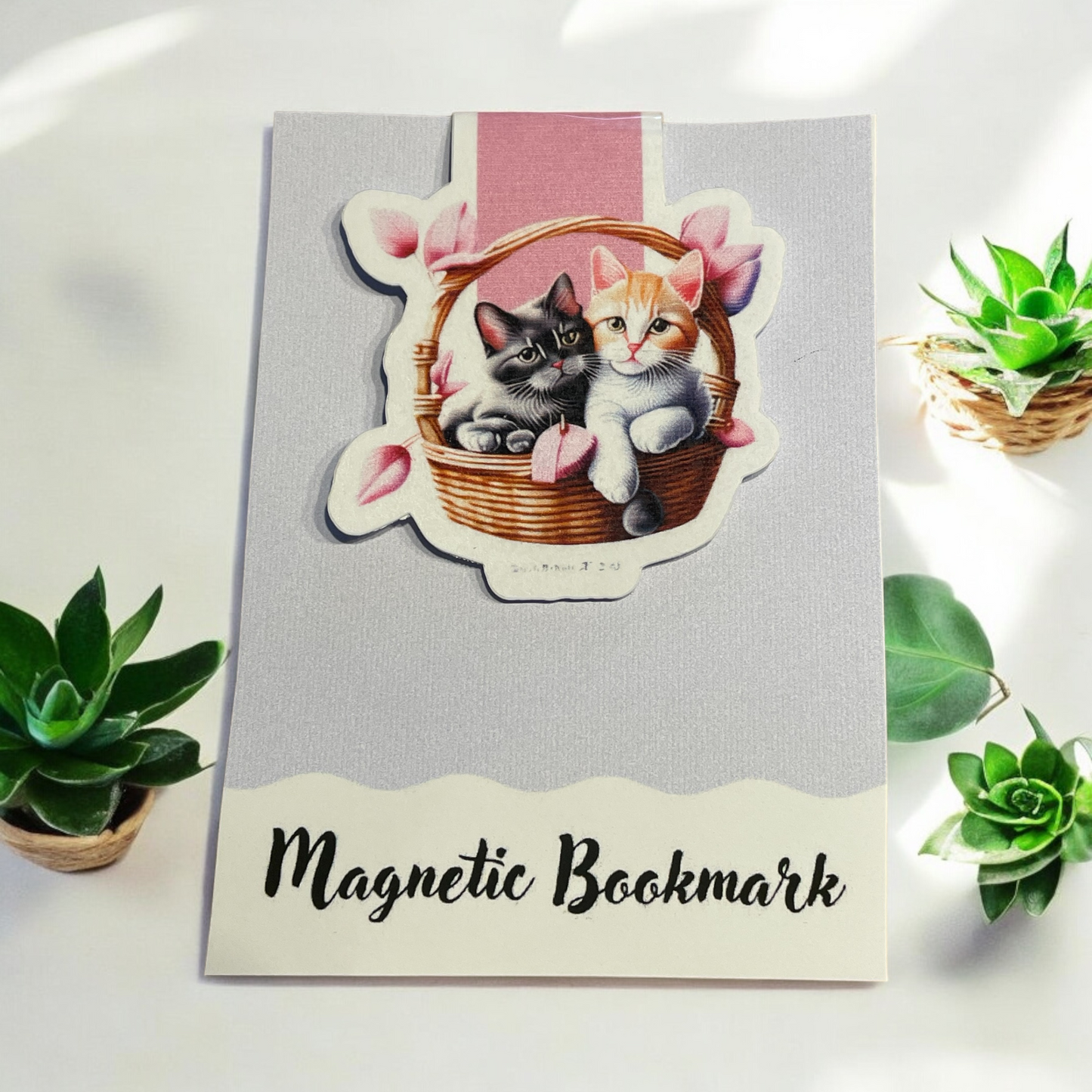 Lovely illustrated printed Cats In Basket Magnetic bookmark, Page Saver, Book Lover Gift