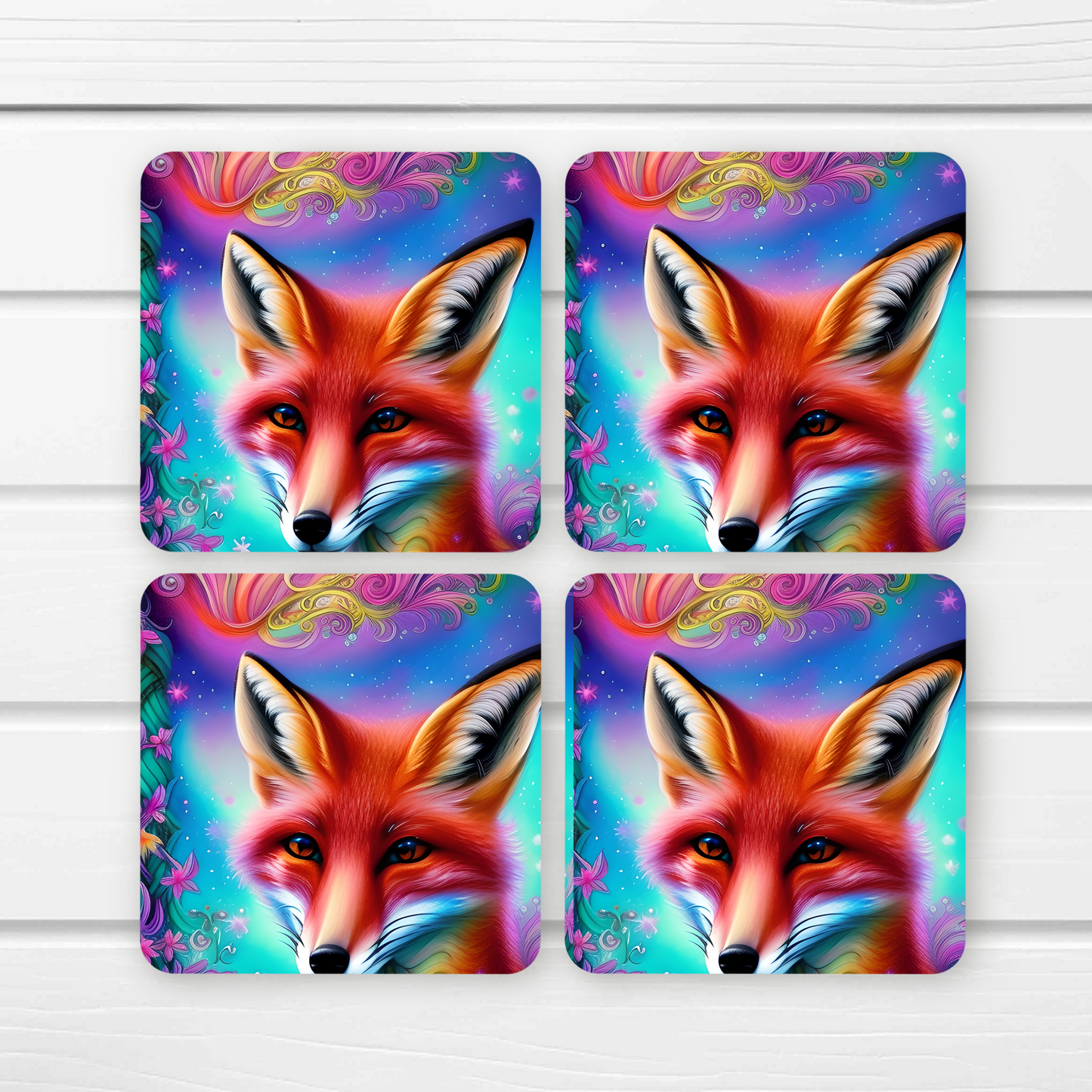 Beautifully Printed Colourful Fox wooden Coasters for Stylish Home Décor
