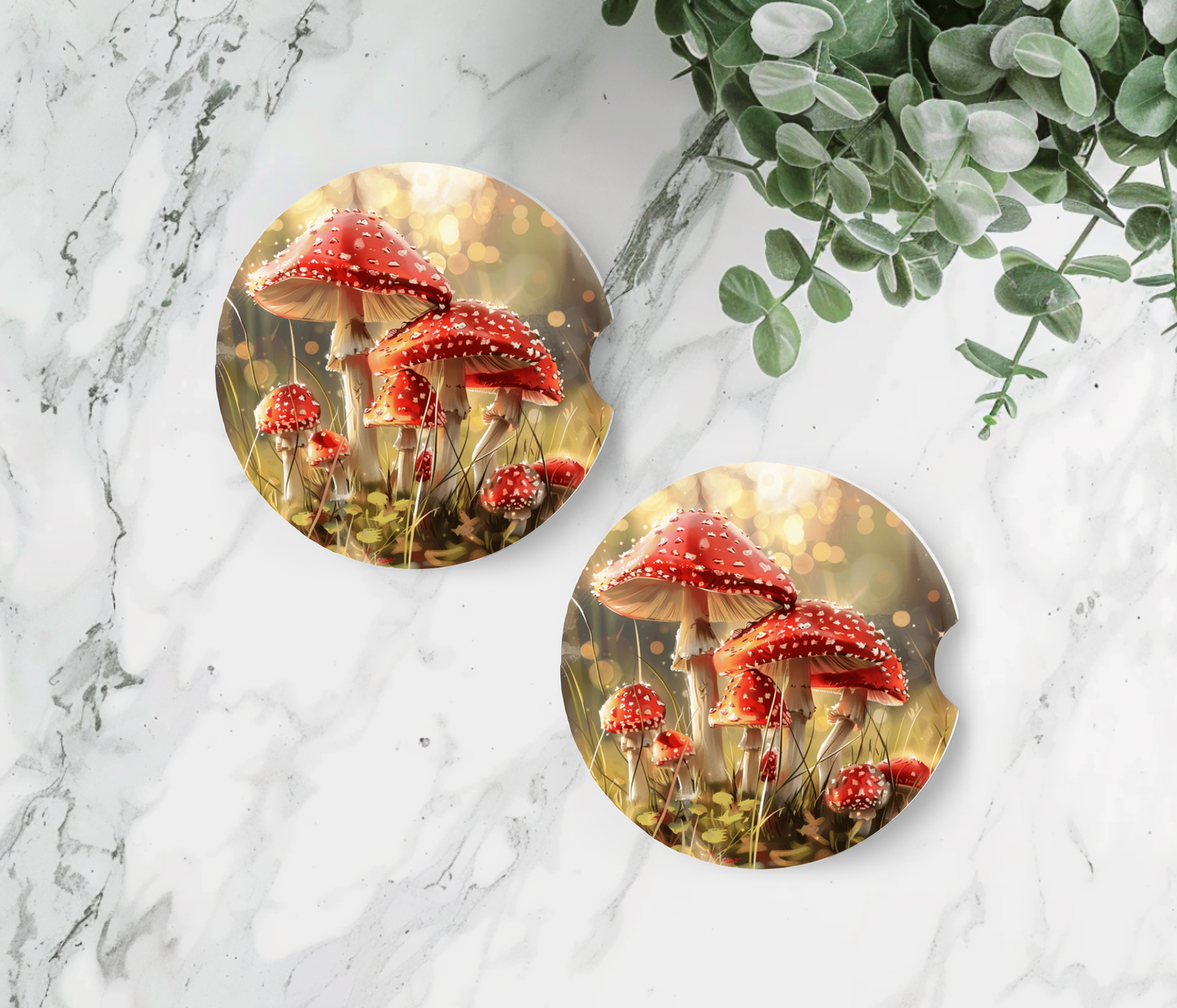 Premium Neoprene Red & White Mushrooms Car Coasters | Drink Holders for Your Car Console - Set of 2