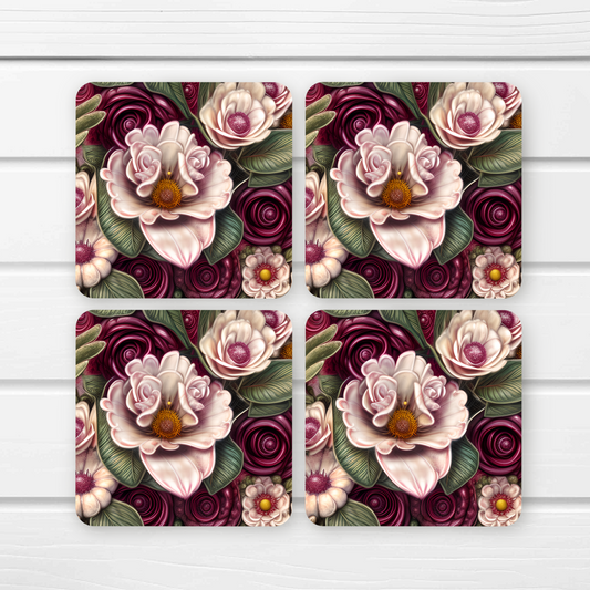 Beautifully Printed Cream, Ivory & Burgundy 3D Flowers Wooden Coasters for Stylish Home Décor