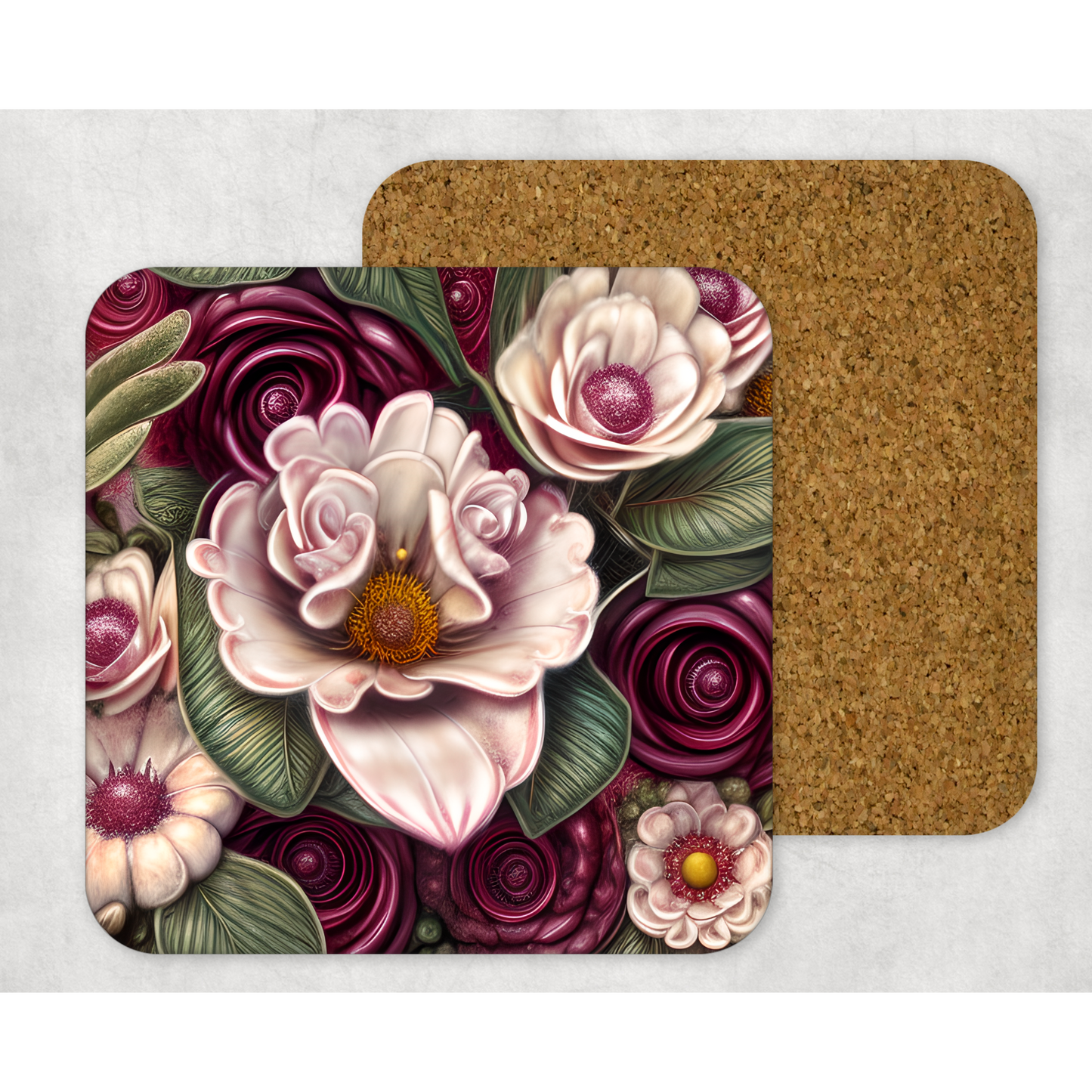 Beautifully Printed Cream, Ivory & Burgundy 3D Flowers Wooden Coasters for Stylish Home Décor