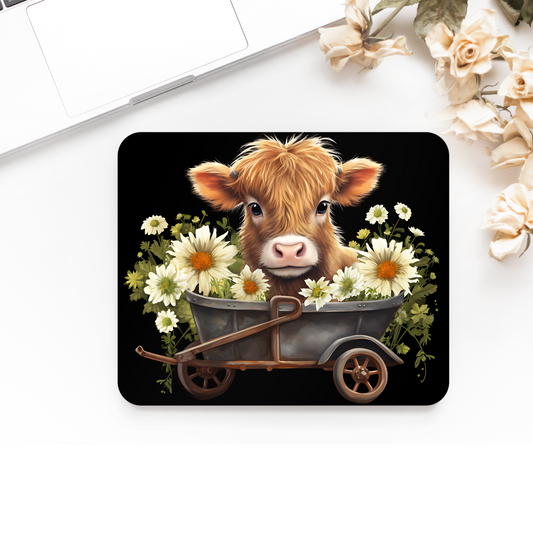 Premium Printed Anti-Slip Mouse Mat - Ultra Durable Cute Highland Cow In Barrow Design