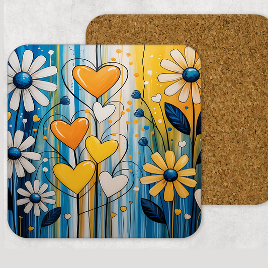 Daisy Floral Hearts Wooden Square Corked Backed Coaster