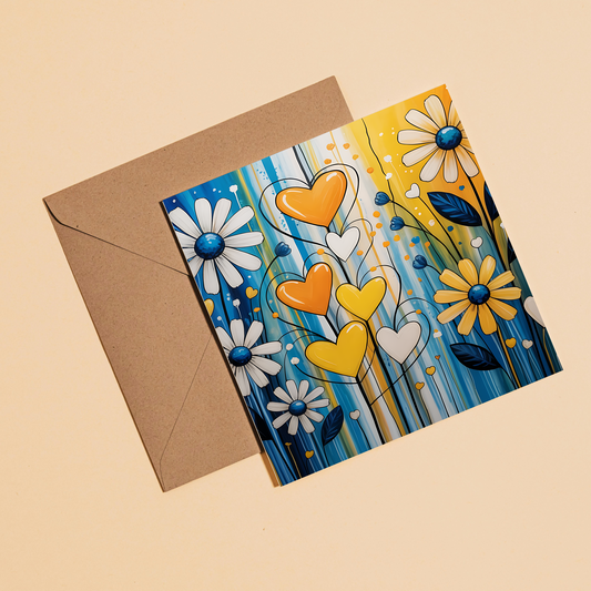 Daisy Floral Hearts Greeting Card –Illustrated Blank Greeting Card