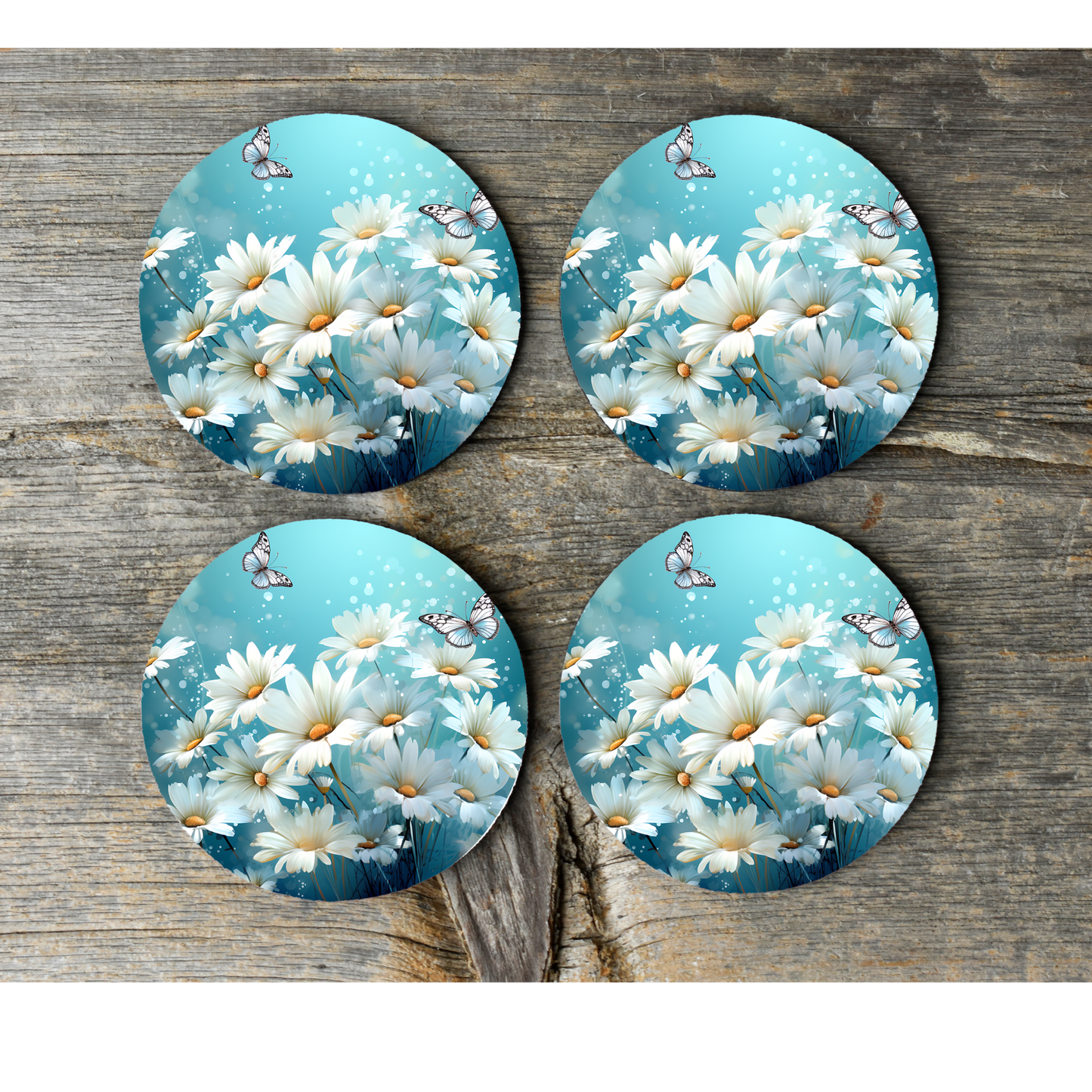 Enchanted Delicate Daisy Round Cork Backed Wooden Coasters - Eco-Friendly and Stylish Drink Mats