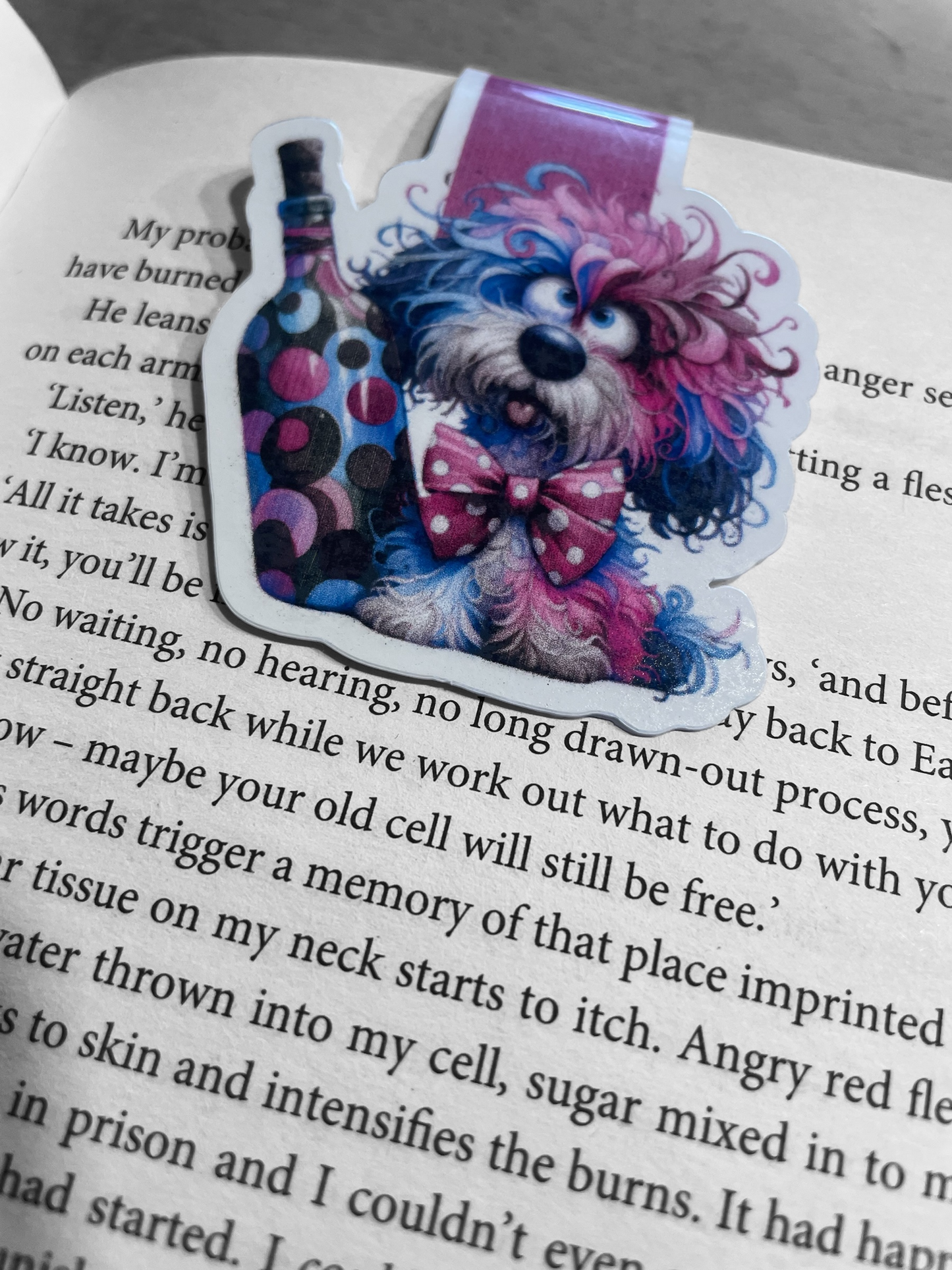 Lovely illustrated printed Dog With Bottle Magnetic bookmark, Page Saver, Book Lover Gift,