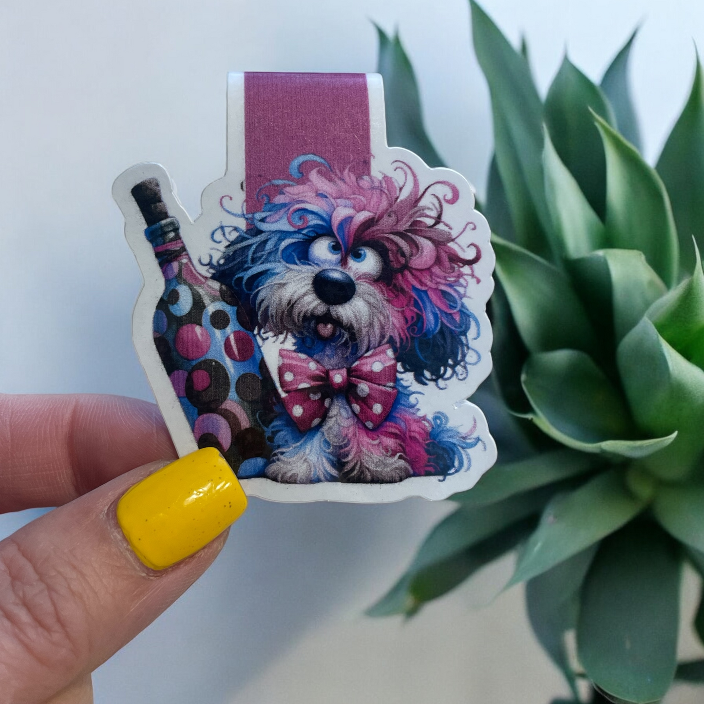 Lovely illustrated printed Dog With Bottle Magnetic bookmark, Page Saver, Book Lover Gift,