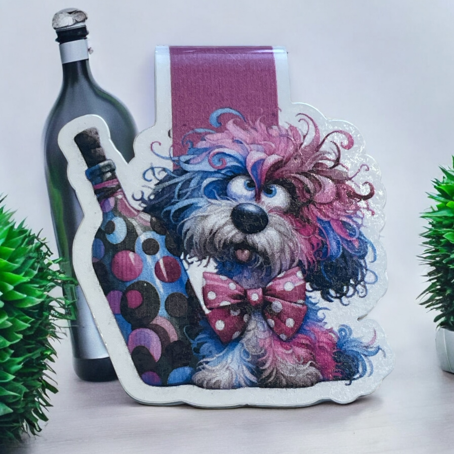 Lovely illustrated printed Dog With Bottle Magnetic bookmark, Page Saver, Book Lover Gift,