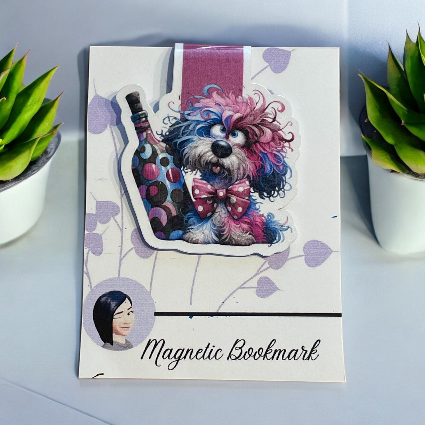 Lovely illustrated printed Dog With Bottle Magnetic bookmark, Page Saver, Book Lover Gift,