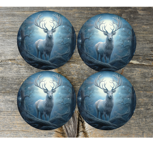 Enchanted Stag Round Cork Backed Wooden Coasters - Eco-Friendly and Stylish Drink Mats
