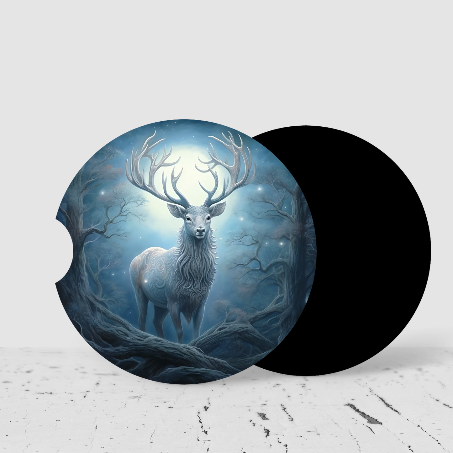 Premium Neoprene Car Coasters | Drink Holders for Your Car Console - Set of 2 Enchanted Stag Design