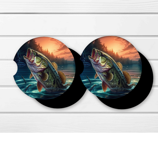 Premium Neoprene Car Coasters | Drink Holders for Your Car Console - Set of 2 Fishing Design