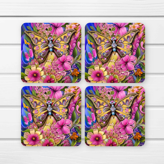 Beautifully Printed  Floral Butterfly Wooden Coasters for Stylish Home Décor