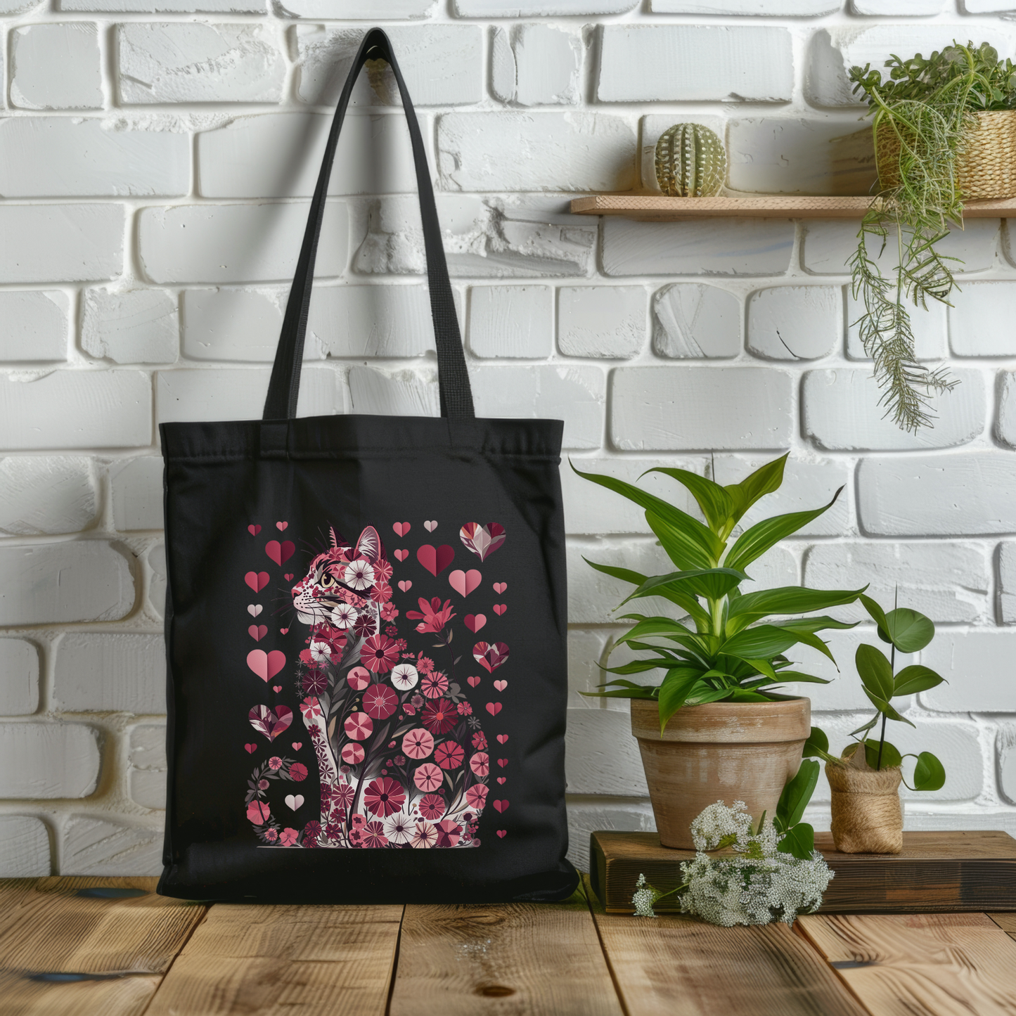 Floral Cats 100% Cotton Canvas Tote Bag ,Reusable Shopping Bag, Eco Friendly