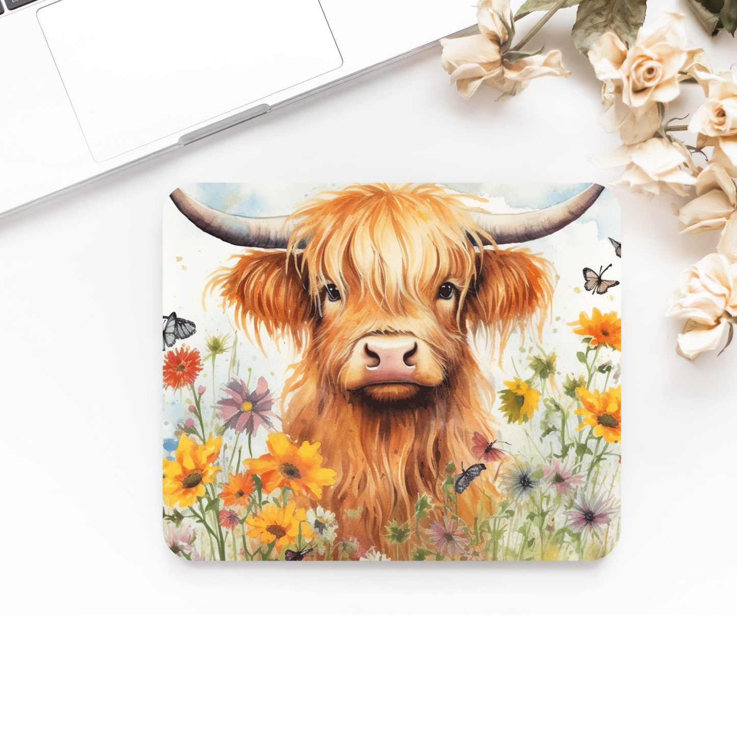 Premium Printed Anti-Slip Mouse Mat - Ultra Durable Floral Highland Cow Design