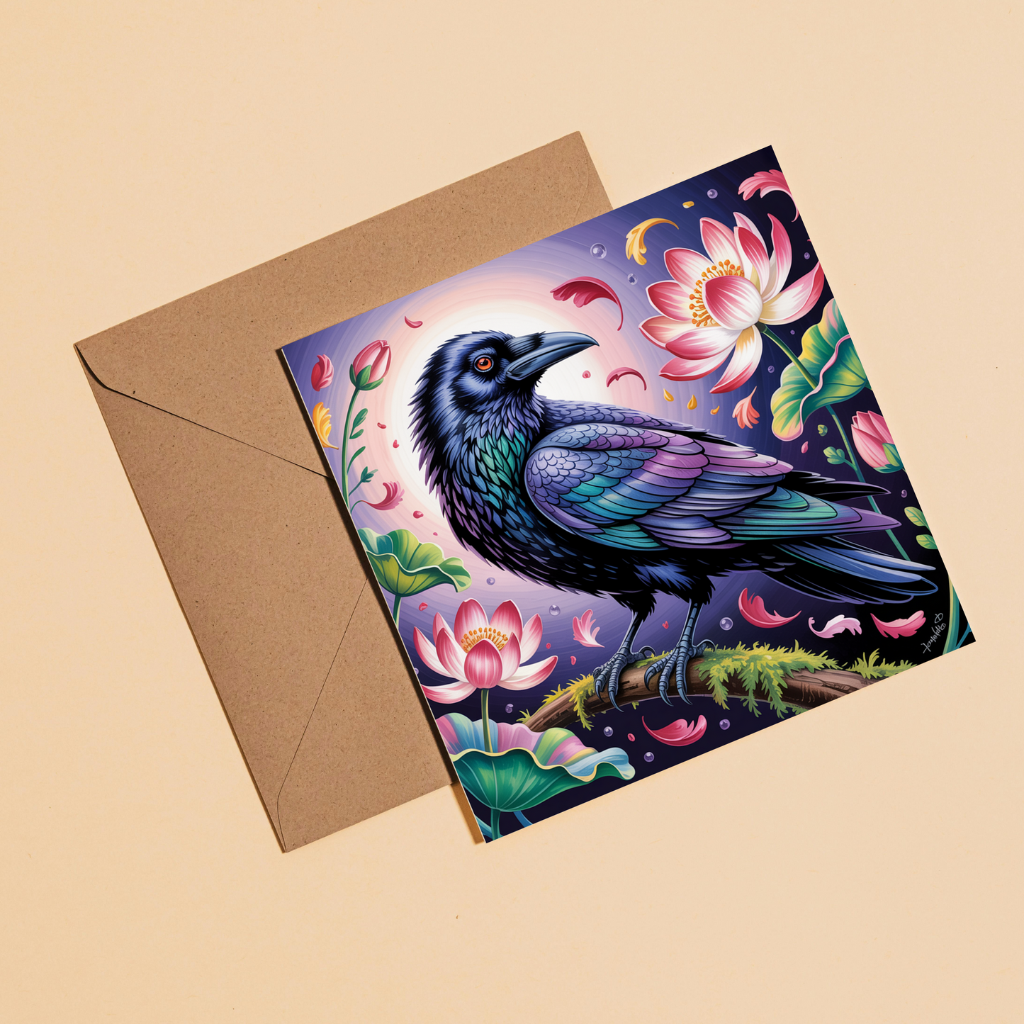 Floral Raven Greeting Card –Illustrated Blank Birthday Card