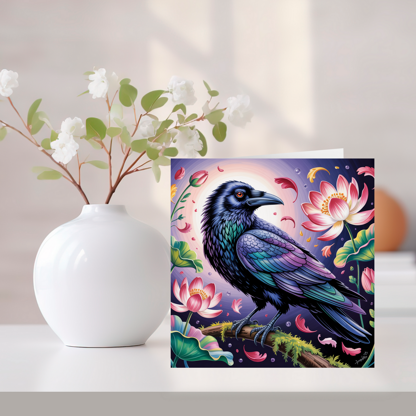 Floral Raven Greeting Card –Illustrated Blank Birthday Card