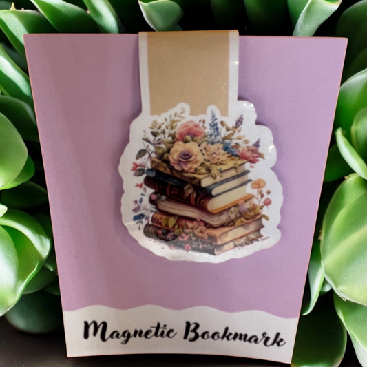 Lovely illustrated printed Floral Book Stack Magnetic bookmark, Page Saver, Book Lover Gift