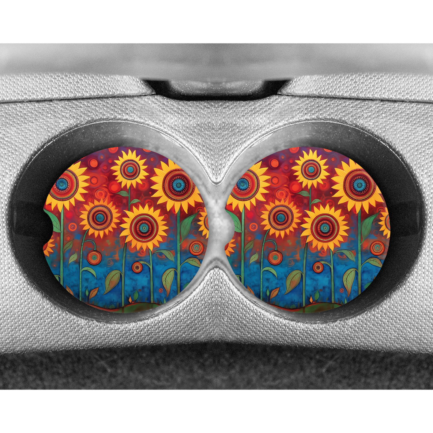 Premium Neoprene Car Coasters | Drink Holders for Your Car Console - Set of 2 Folk Art Sunflowers Design