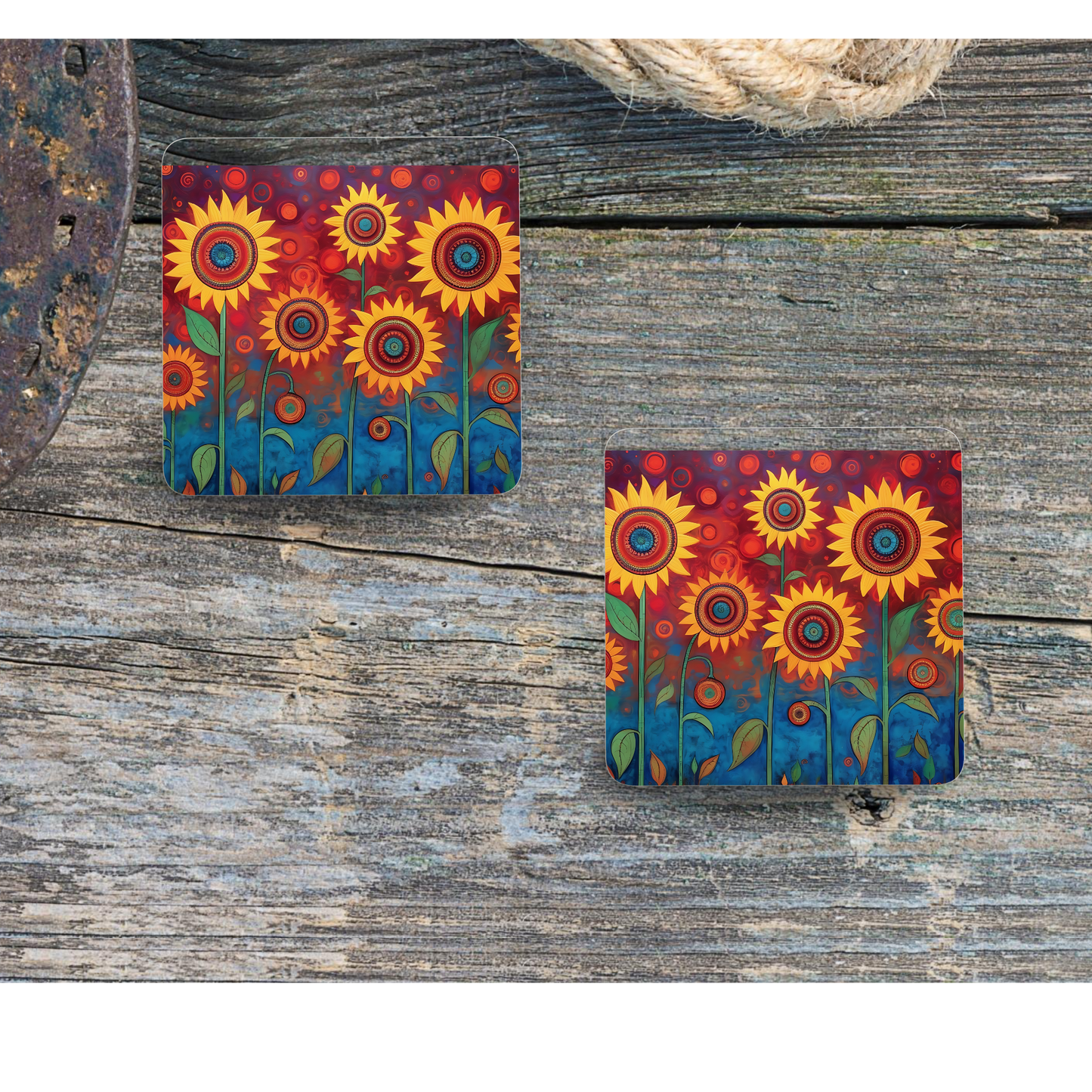 Beautifully Printed Folk Art Sunflowers Wooden Coasters for Stylish Home Décor