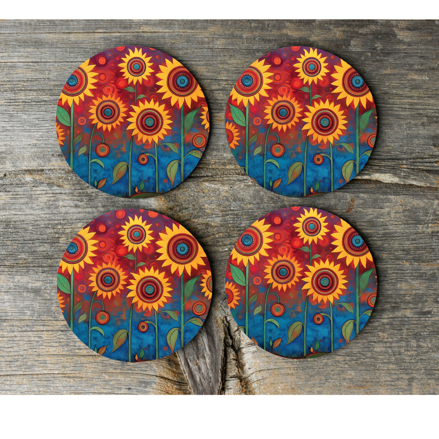 Folk Art Sunflower Round Cork Backed Wooden Coasters - Eco-Friendly and Stylish Drink Mats