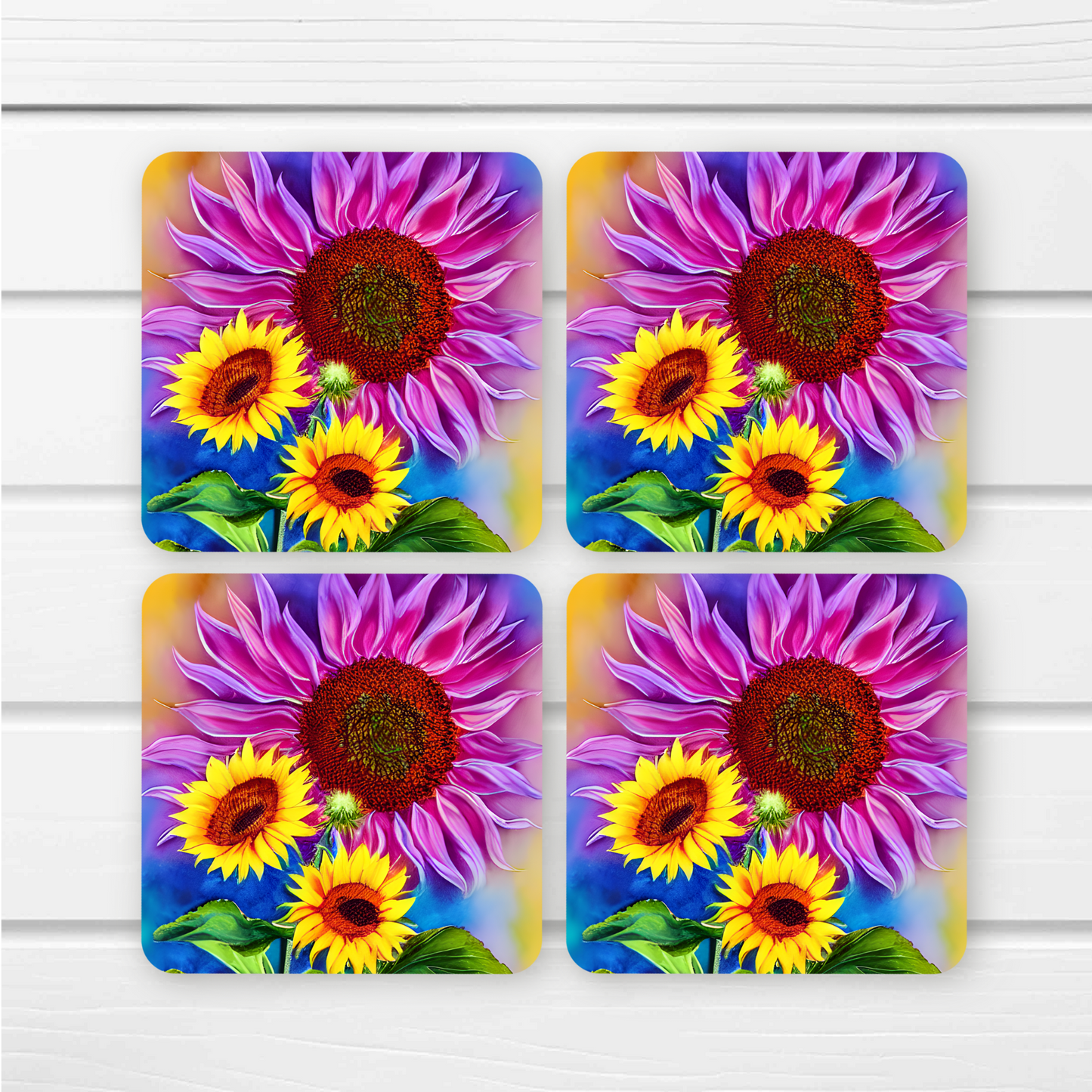 Beautifully Printed  Glowing Sunflowers Wooden Coasters for Stylish Home Décor