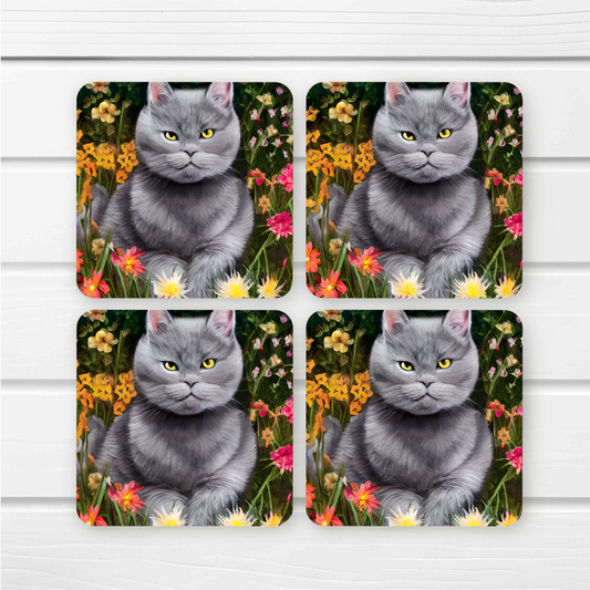 Beautifully Printed  Grey Cat Wooden Coasters for Stylish Home Décor