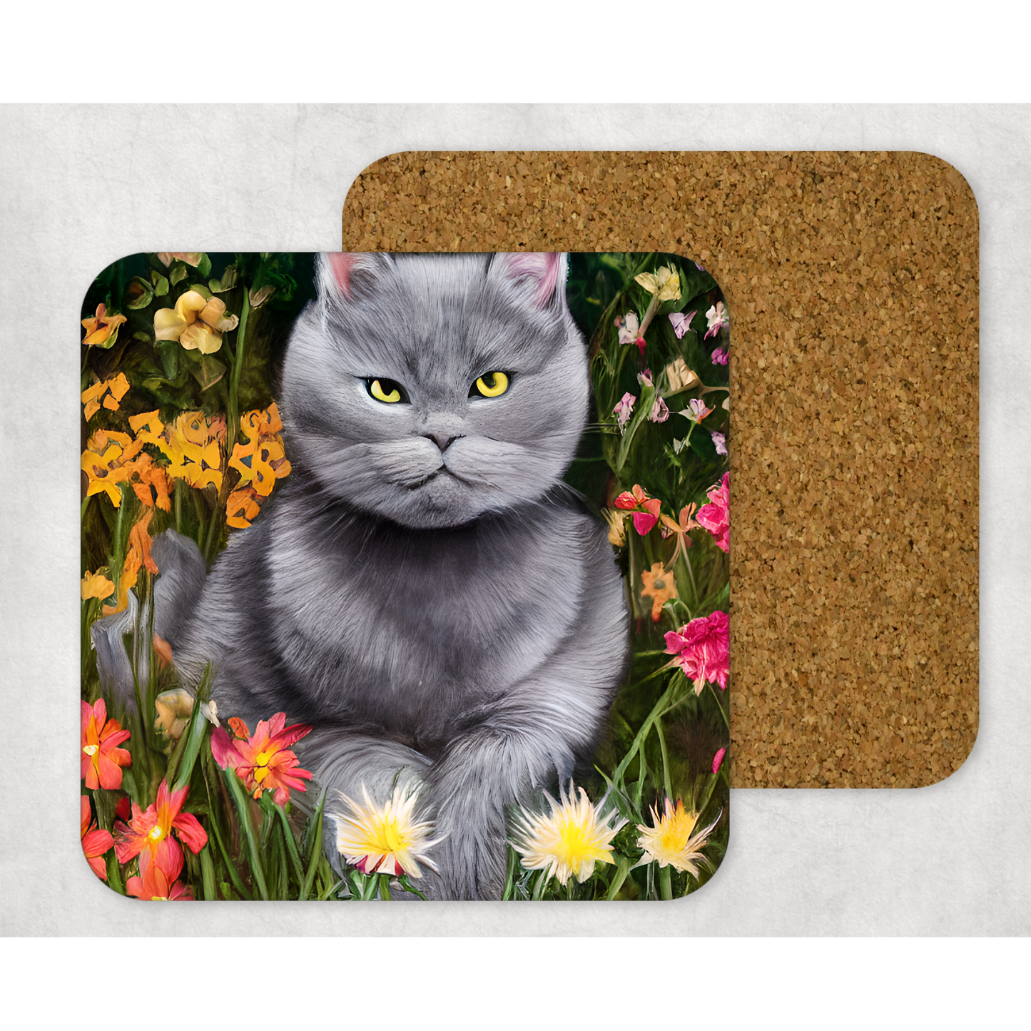 Beautifully Printed  Grey Cat Wooden Coasters for Stylish Home Décor
