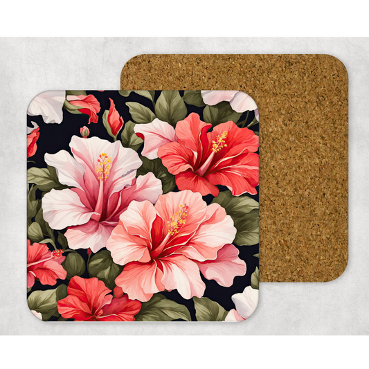 Beautifully Printed  Hibiscus Wooden Coasters for Stylish Home Décor