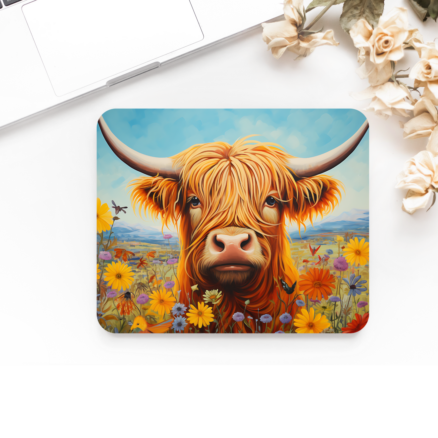 Premium Printed Anti-Slip Mouse Mat - Ultra Durable Highland Cow In Field Of Flowers Design