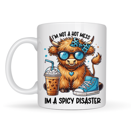 Funny Highland Cow Coffee Mug - "I'm Not a Hot Mess, I'm a Spicy Disaster" Cute Animal Lover Gift