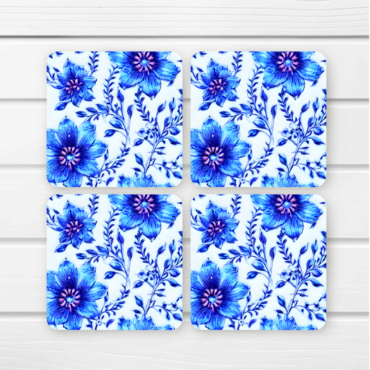 Beautifully Printed  Kawaii Blue Flowers Wooden Coasters for Stylish Home Décor