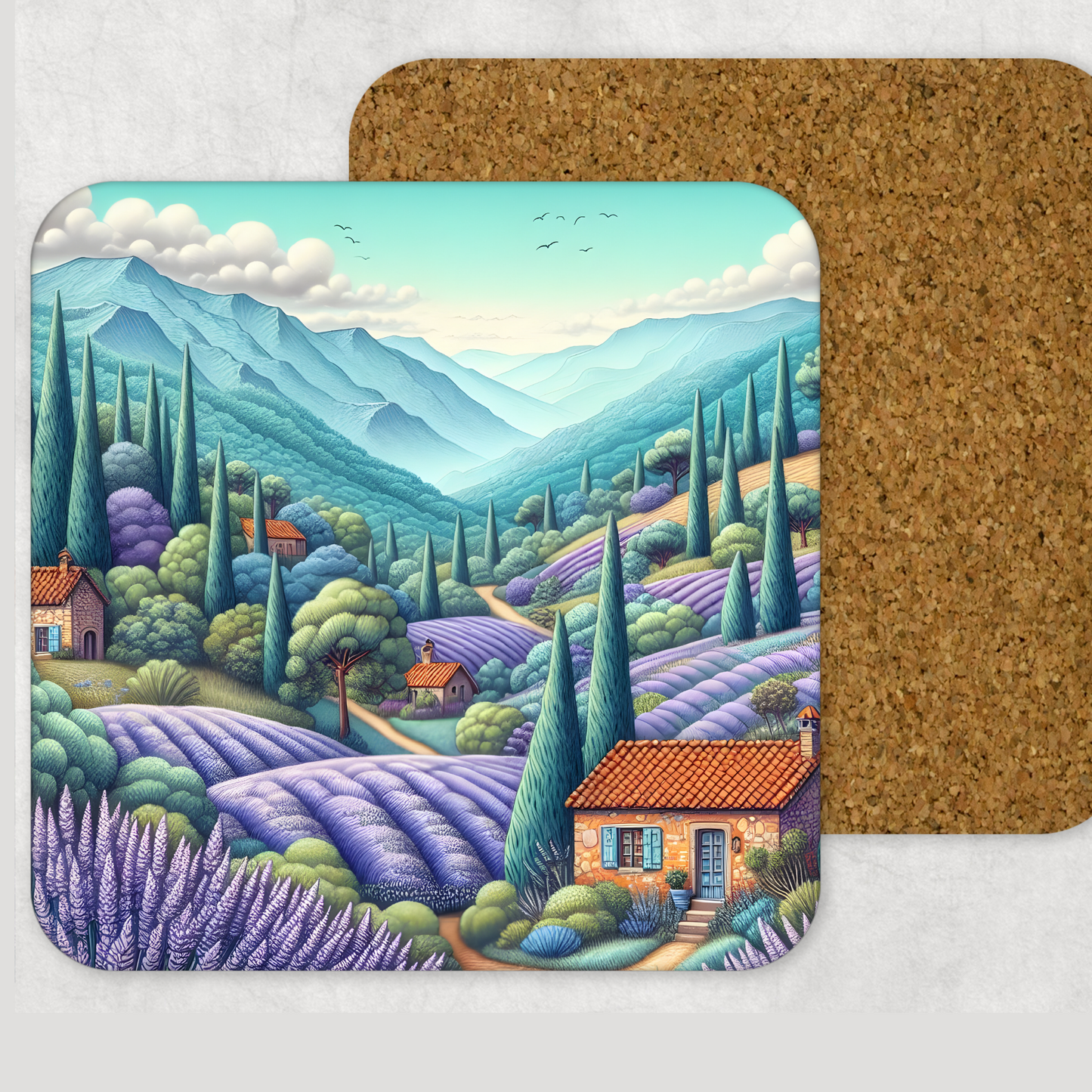 Lavender Field Wooden Square Corked Backed Coaster