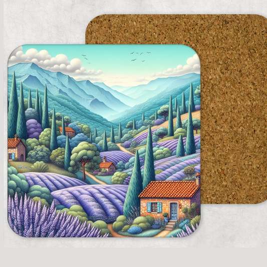 Lavender Field Wooden Square Corked Backed Coaster