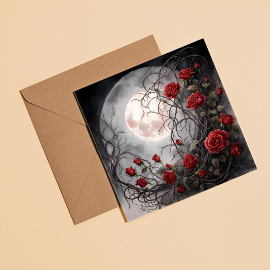 Moon & Roses Greeting Card –Illustrated Blank Birthday Card
