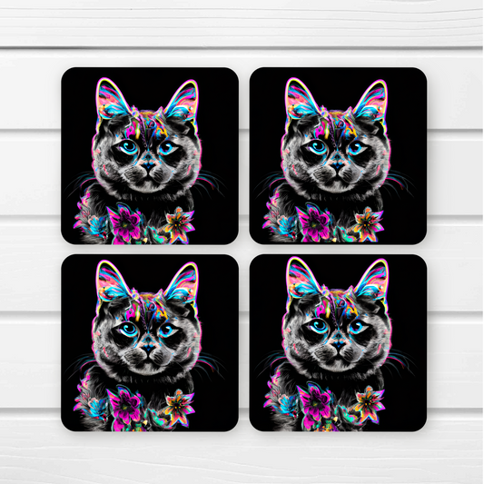 Beautifully Printed  Neon Black Cat Wooden Coasters for Stylish Home Décor