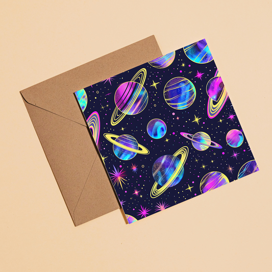 Neon Space Greeting Card –Illustrated Blank Birthday Card
