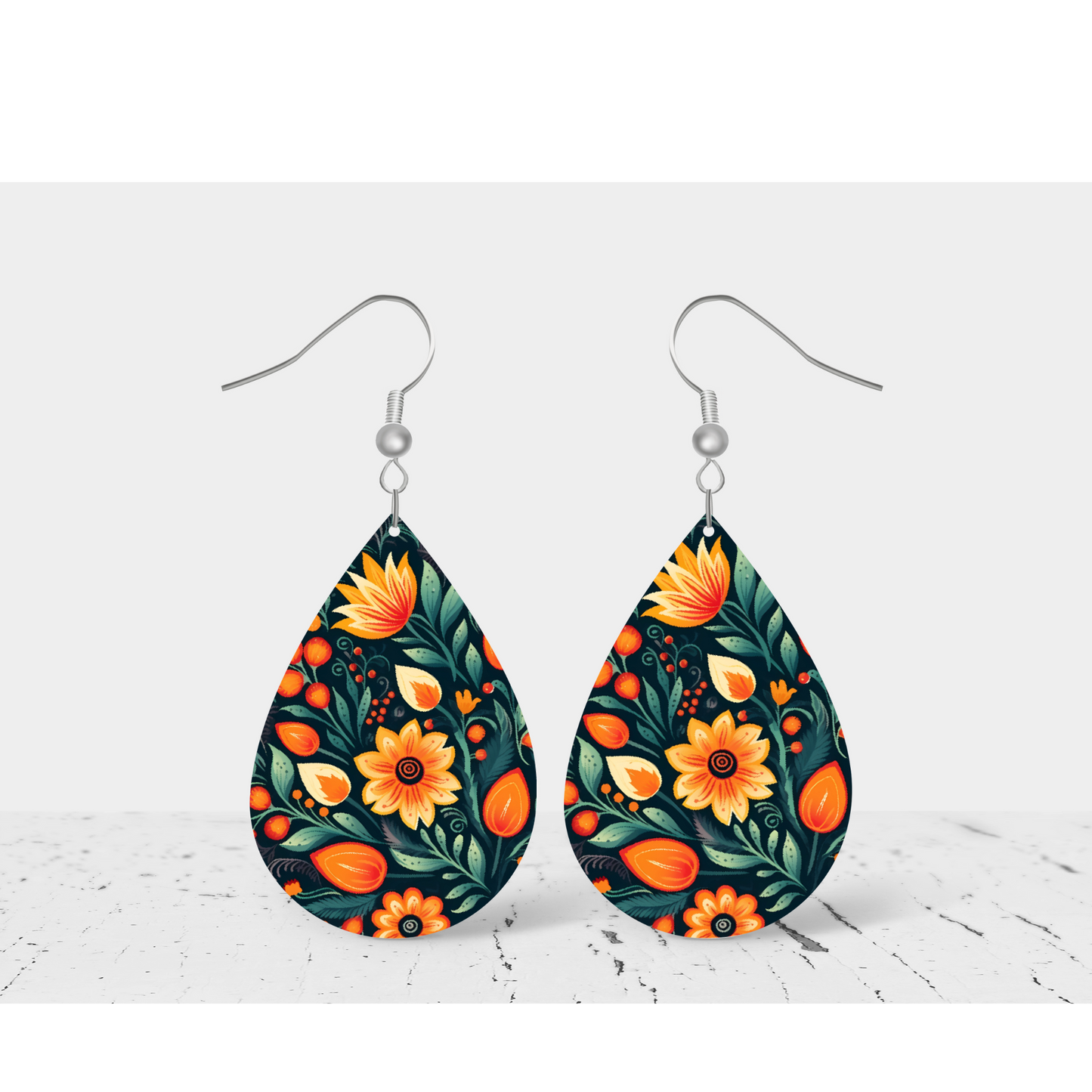 Stylish Orange Floral Wooden Teardrop Earrings | Handcrafted Statement Jewellery