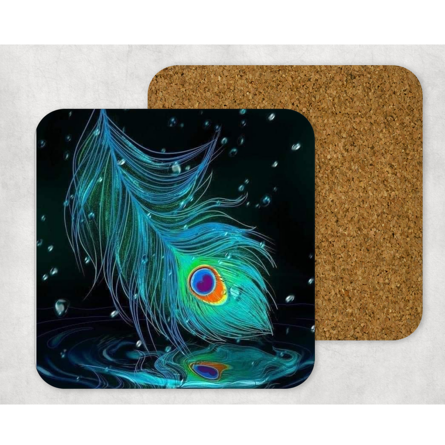Beautifully Printed  Peacock Feathers Wooden Coasters for Stylish Home Décor