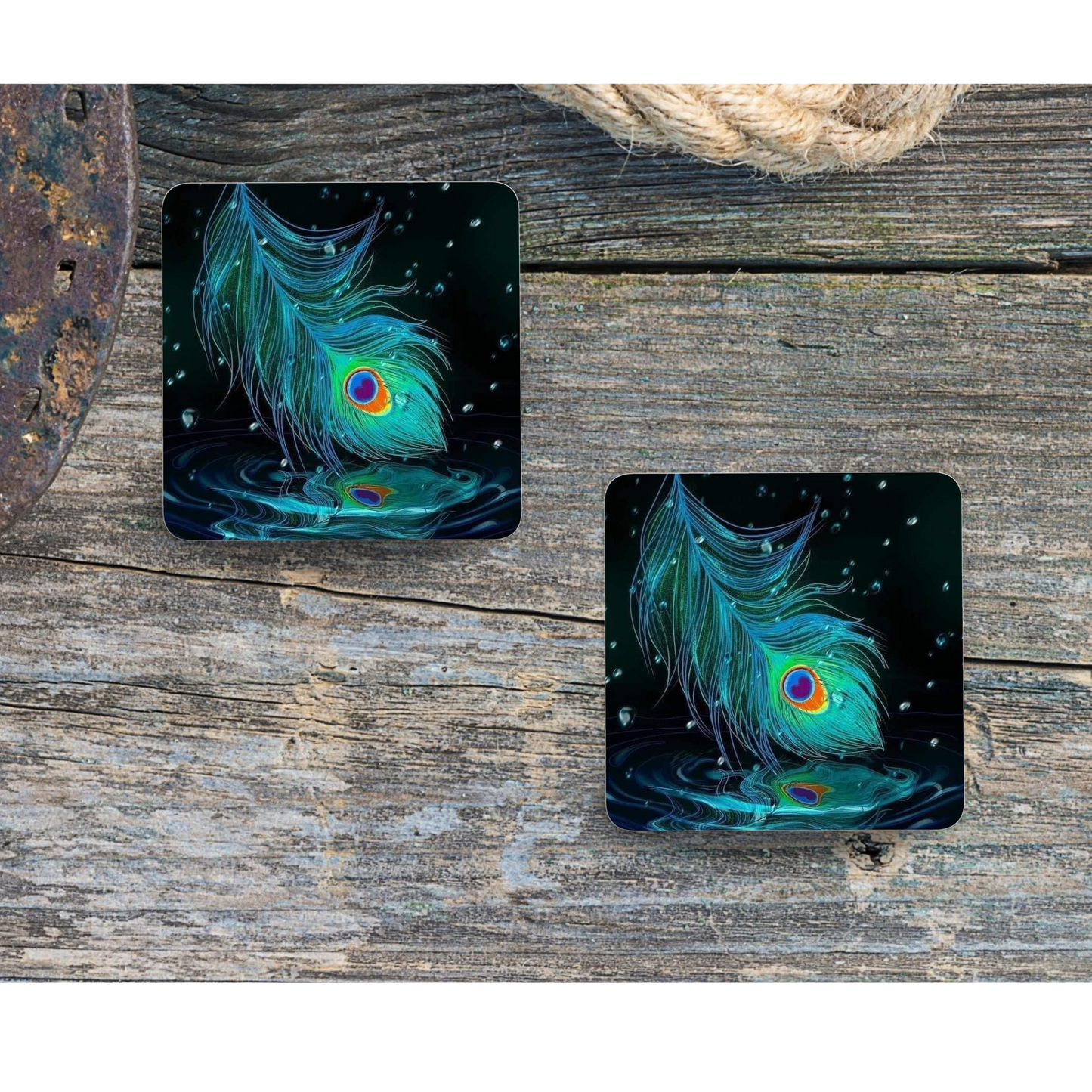 Beautifully Printed  Peacock Feathers Wooden Coasters for Stylish Home Décor