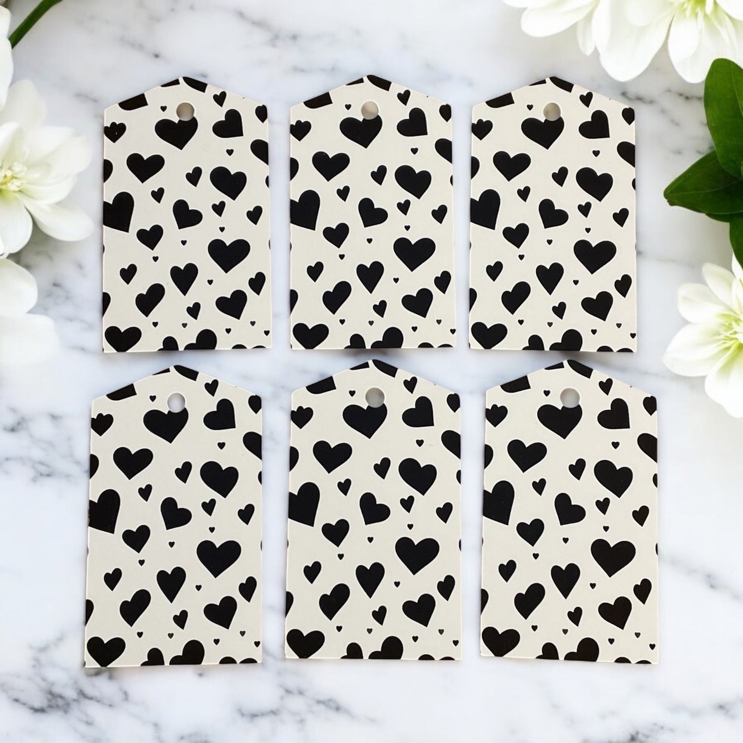 12 X Black Hearts Gift Tags, Gift Wrapping, Luggage Tags, Card Making